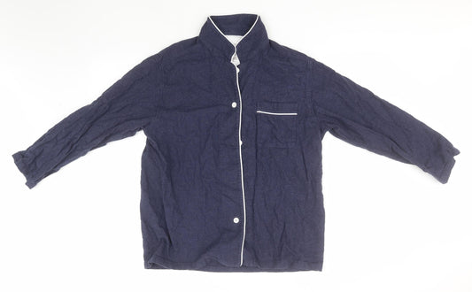 Front view of Preworn men’s blue cotton button-up, size L, high neck