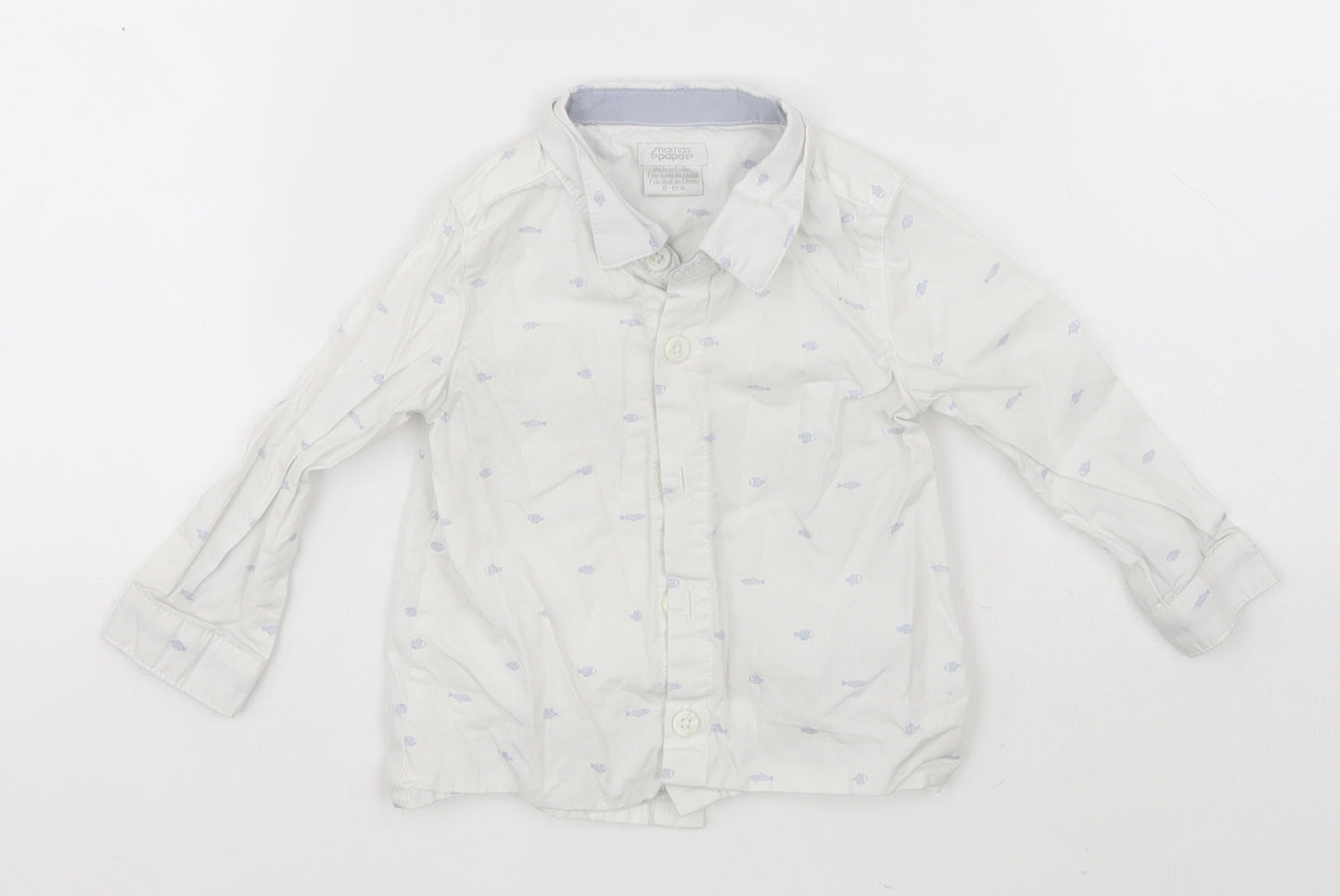 mamas & papas Girls White  Cotton Basic Button-Up Size 9-12 Months Collared  - Fish