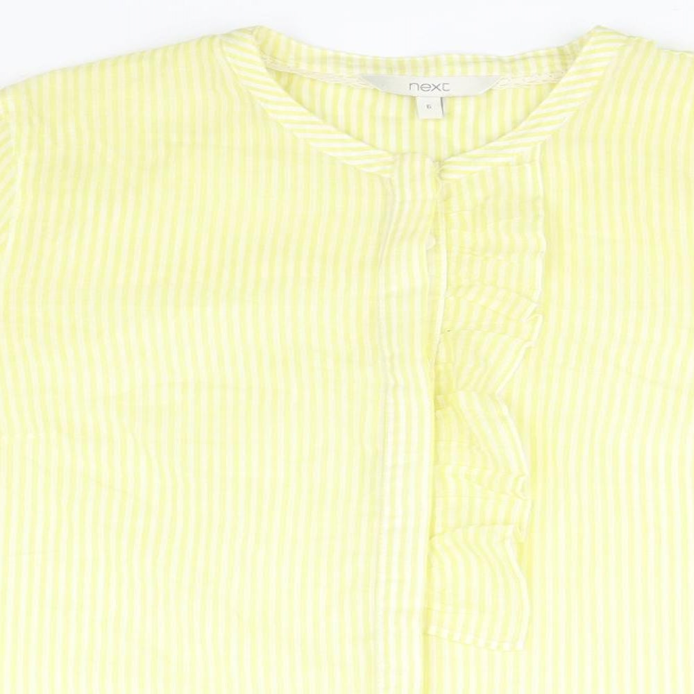 NEXT Womens Yellow Striped Cotton Basic Button-Up Size 6 Round Neck