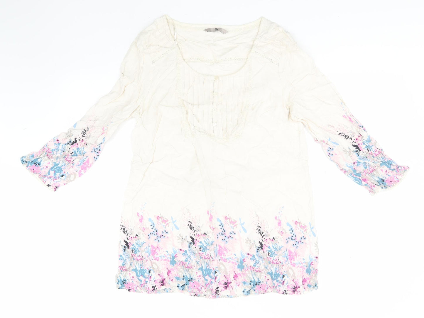 TU Womens White  Viscose Basic Blouse Size 12 Round Neck