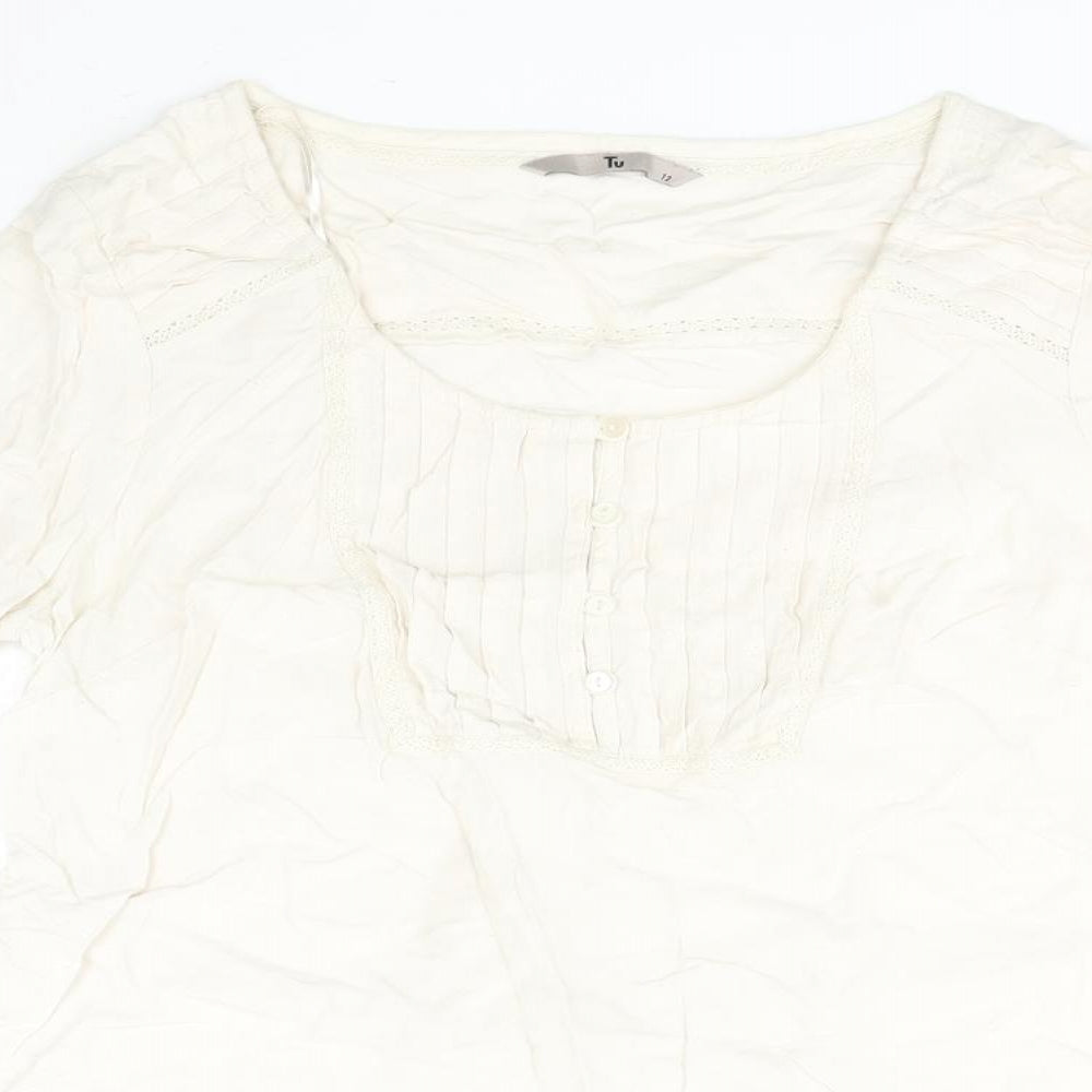 TU Womens White  Viscose Basic Blouse Size 12 Round Neck