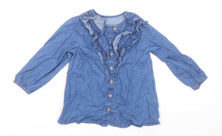 Matalan Girls Blue Cotton Basic Button-Up Size 3-4 Years Crew Neck
