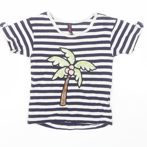 PEPPERLAND Girls Blue Striped  Basic T-Shirt Size 2-3 Years Round Neck  - Palm Tree
