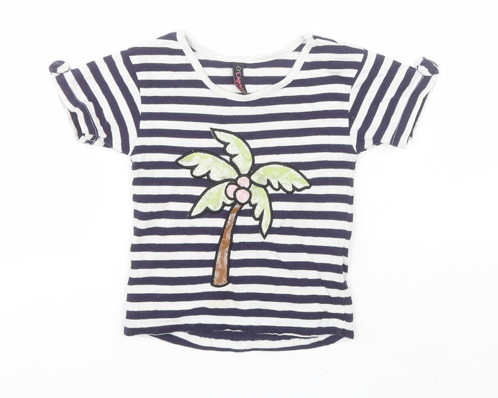 PEPPERLAND Girls Blue Striped  Basic T-Shirt Size 2-3 Years Round Neck  - Palm Tree