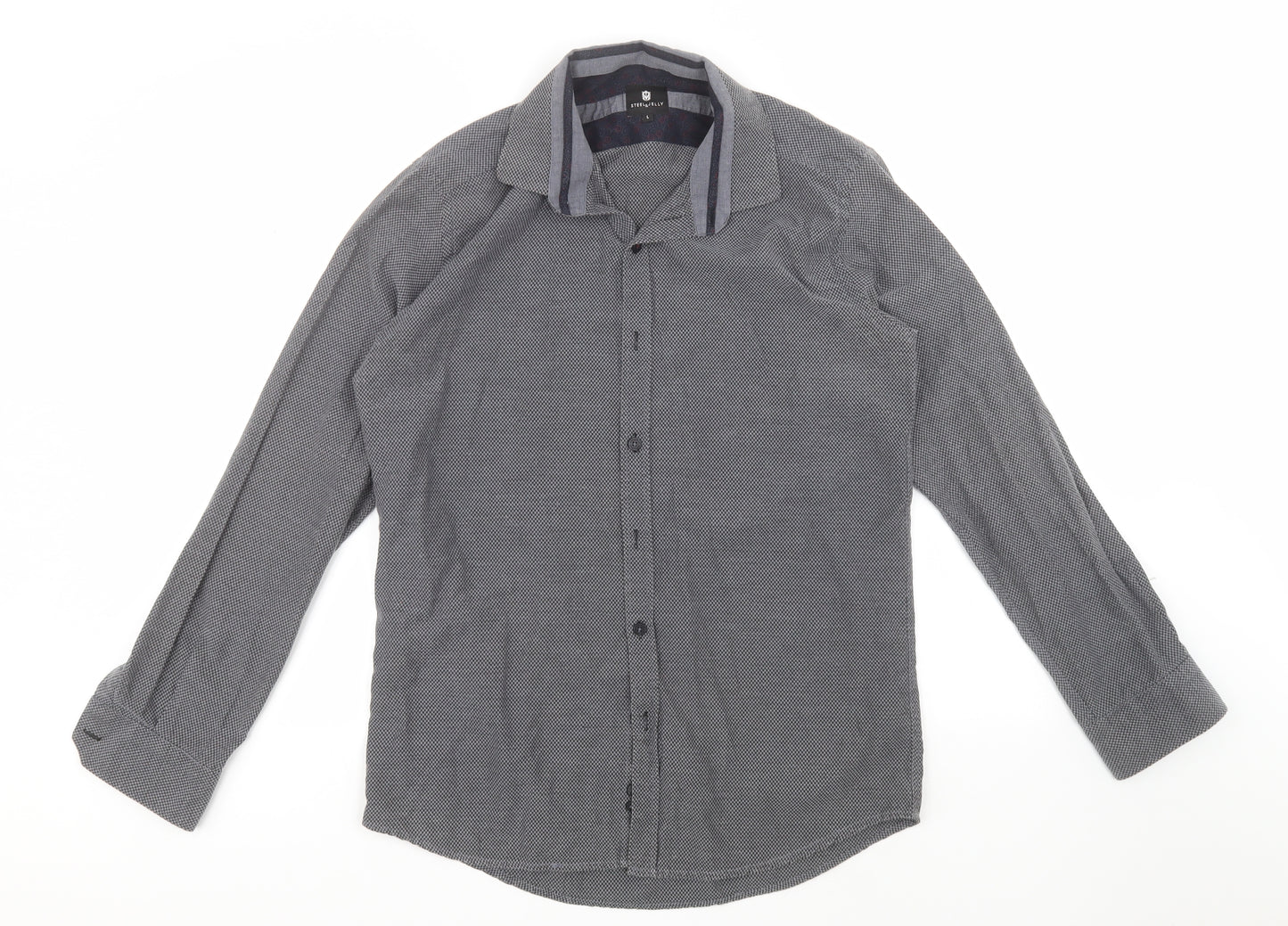 Steel & Jelly Mens Grey Check Cotton  Button-Up Size L Collared