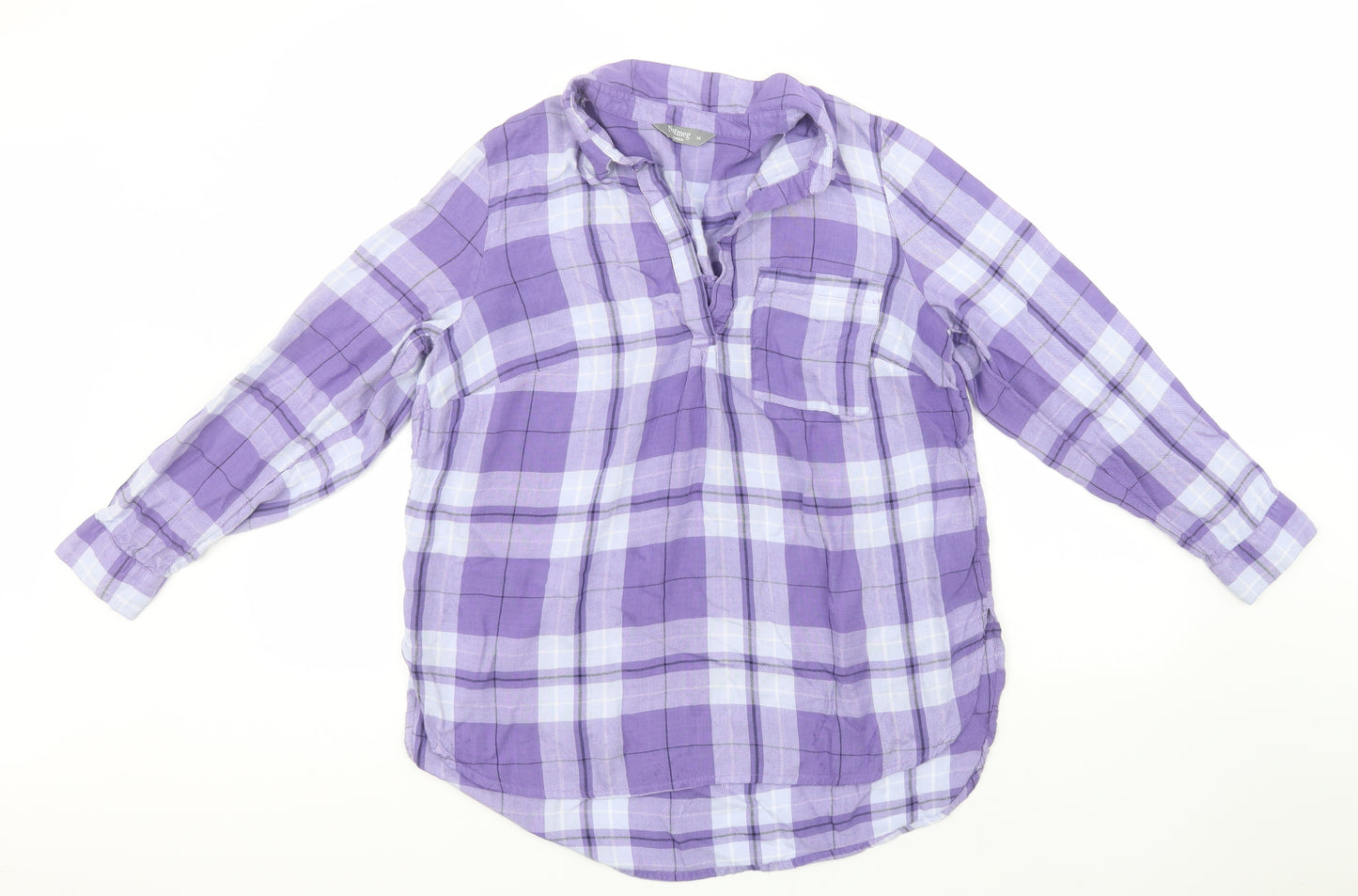 Nutmeg Womens Blue Plaid Viscose Basic T-Shirt Size 14 Collared
