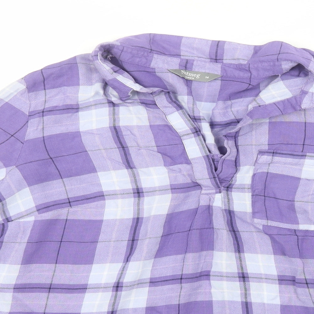 Nutmeg Womens Blue Plaid Viscose Basic T-Shirt Size 14 Collared