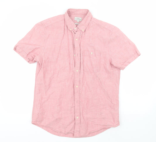 Front view of Next women’s pink linen basic button-up, size M, collared
