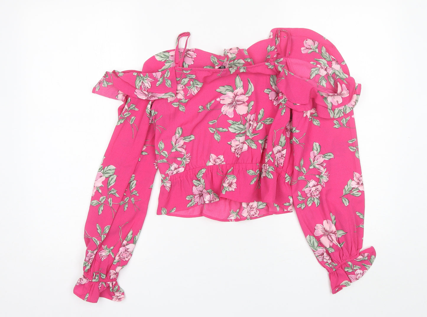Divided Womens Pink Floral Polyester Basic Blouse Size 6 Round Neck