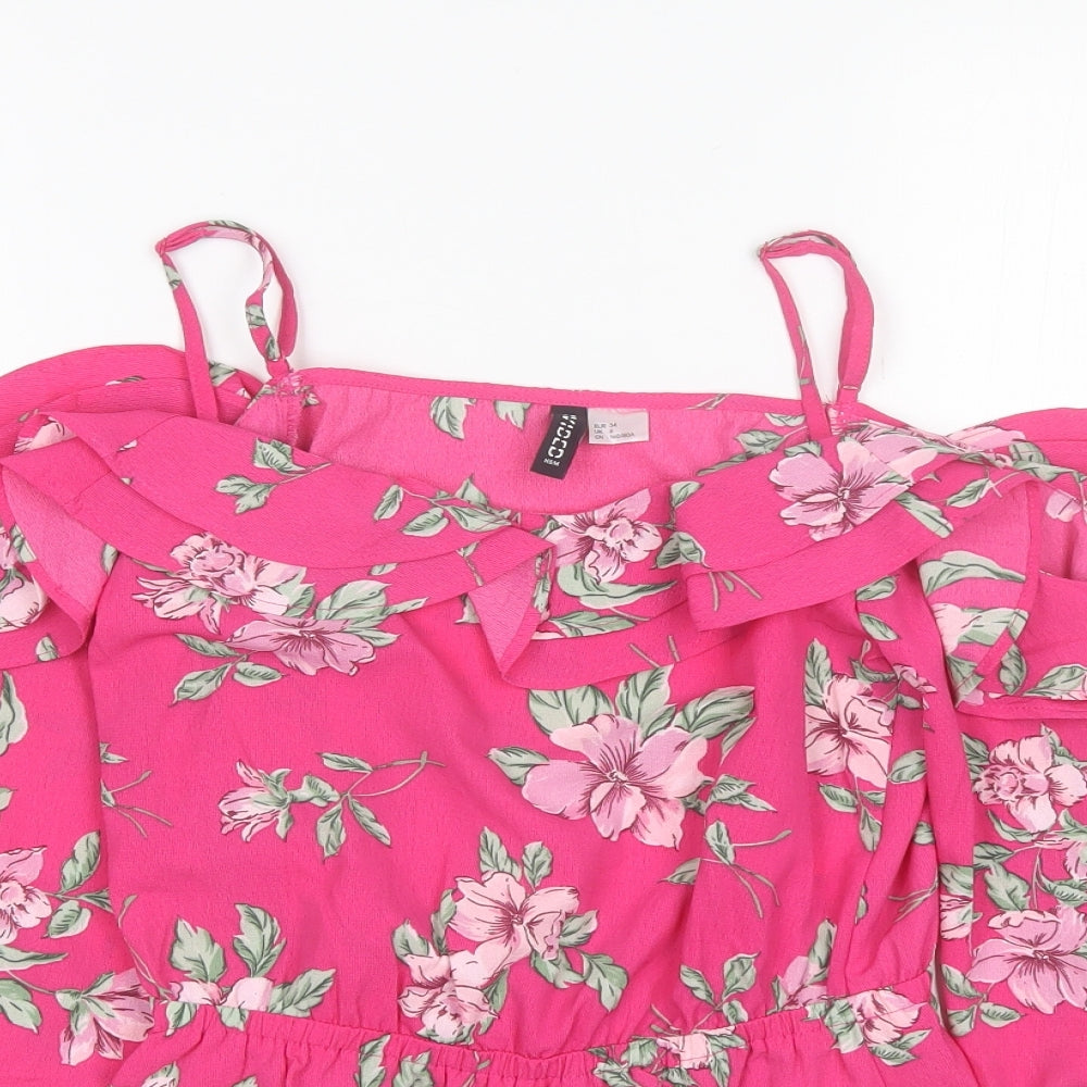 Divided Womens Pink Floral Polyester Basic Blouse Size 6 Round Neck