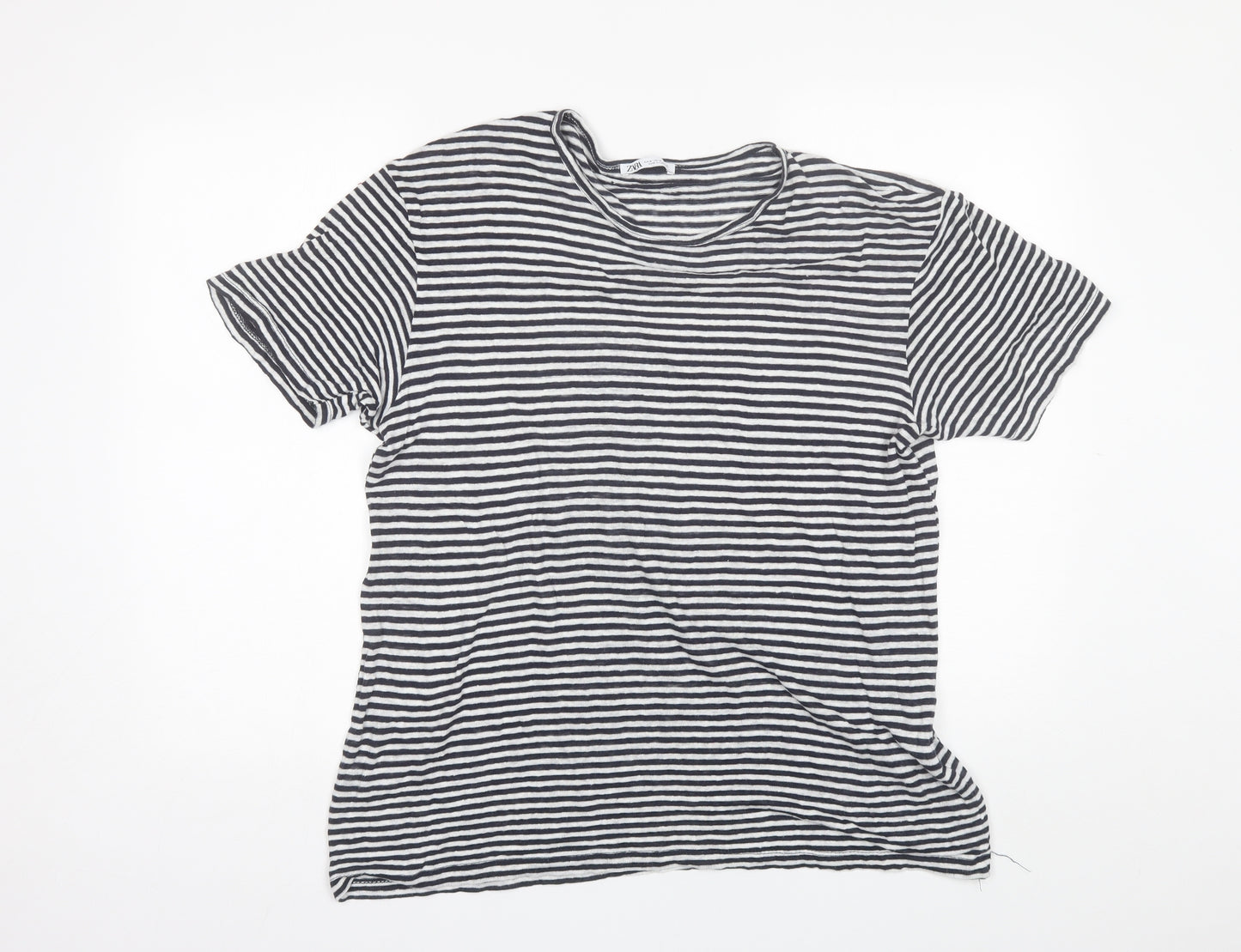 Zara Womens Blue Striped Linen Basic T-Shirt Size M Round Neck