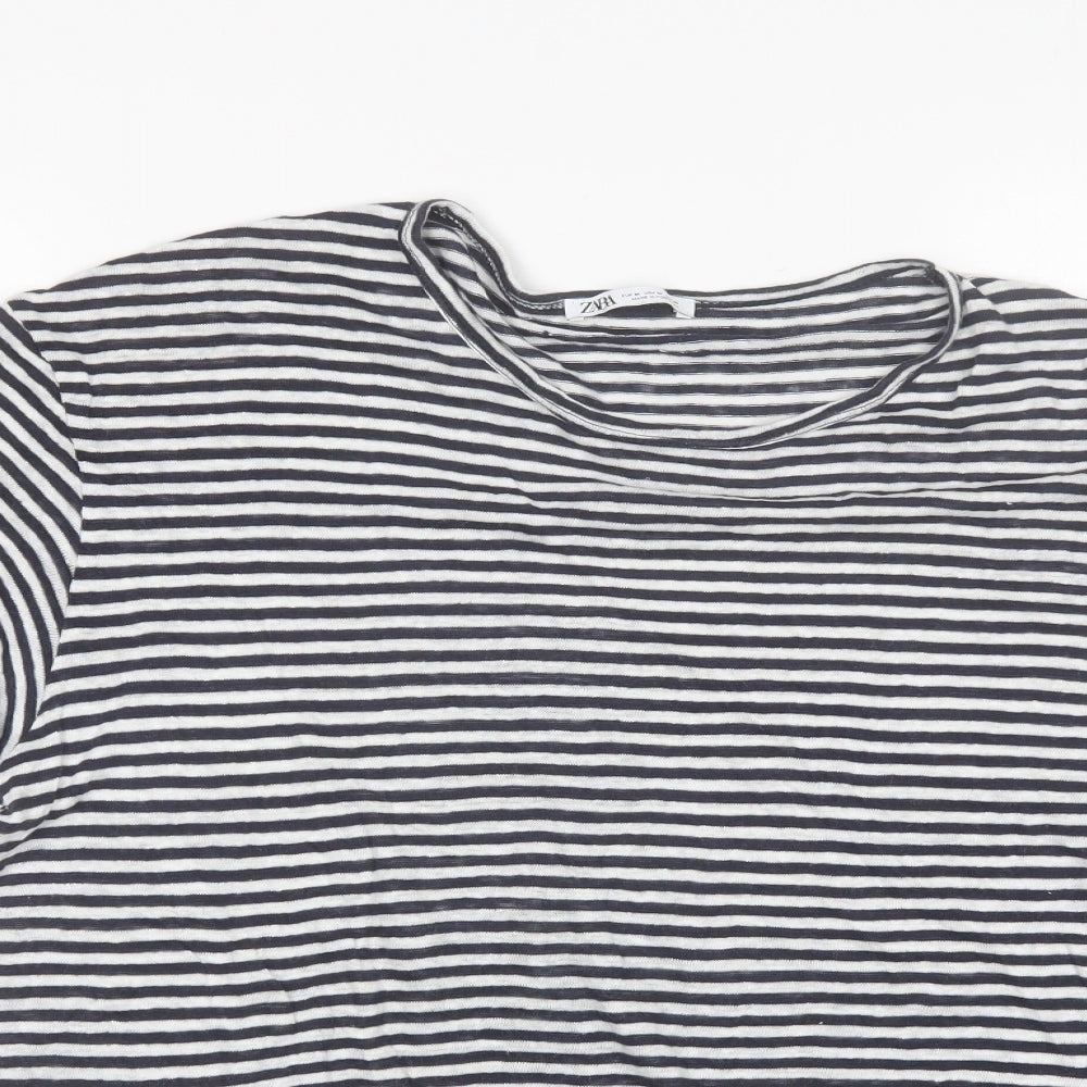 Zara Womens Blue Striped Linen Basic T-Shirt Size M Round Neck