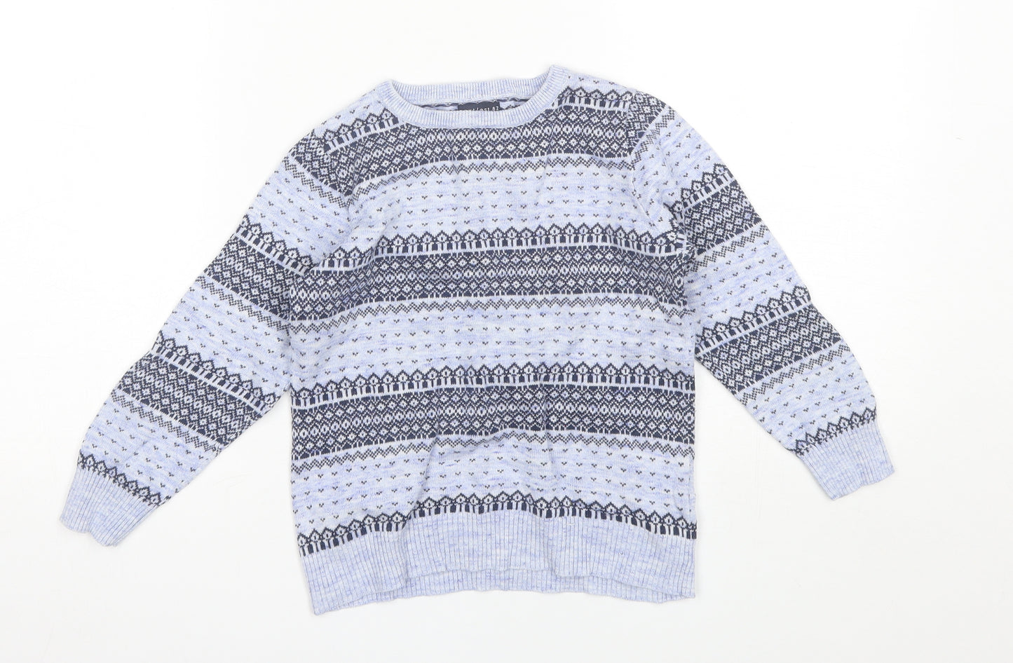 NEXT Boys Blue Round Neck Fair Isle Cotton Pullover Jumper Size 4-5 Years