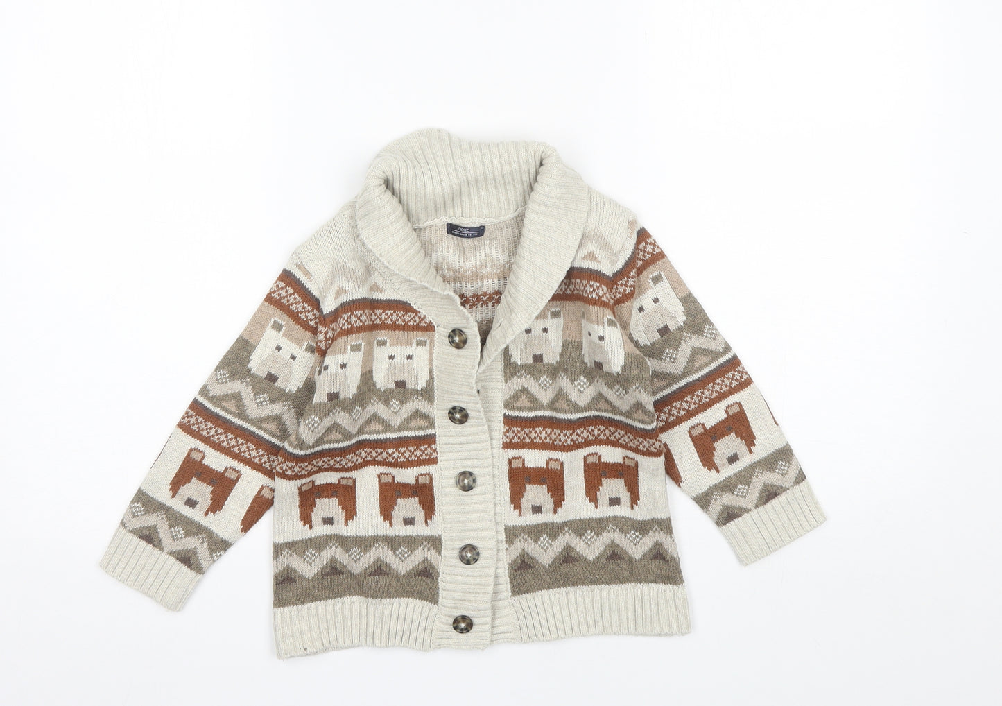 NEXT Boys Beige Collared Fair Isle Cotton Cardigan Jumper Size 3-4 Years