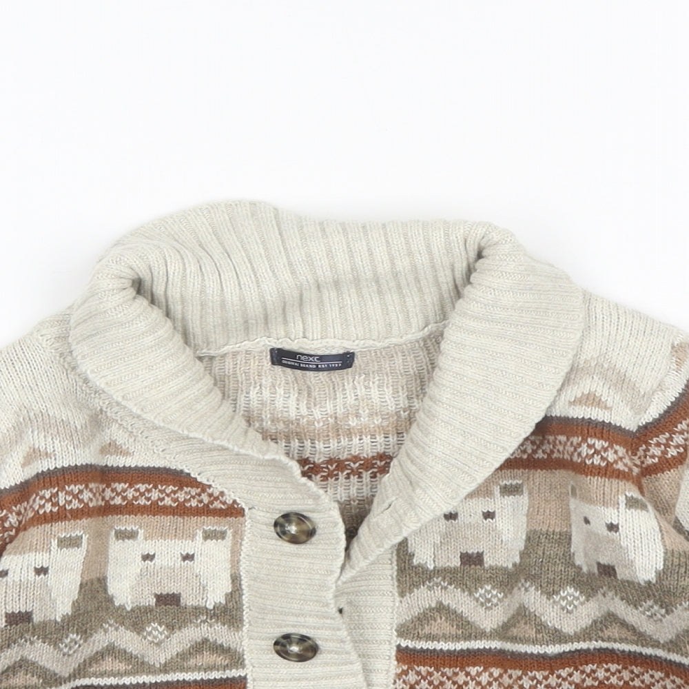 NEXT Boys Beige Collared Fair Isle Cotton Cardigan Jumper Size 3-4 Years