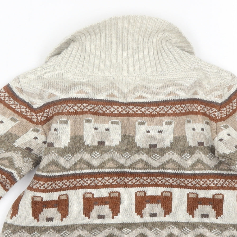 NEXT Boys Beige Collared Fair Isle Cotton Cardigan Jumper Size 3-4 Years