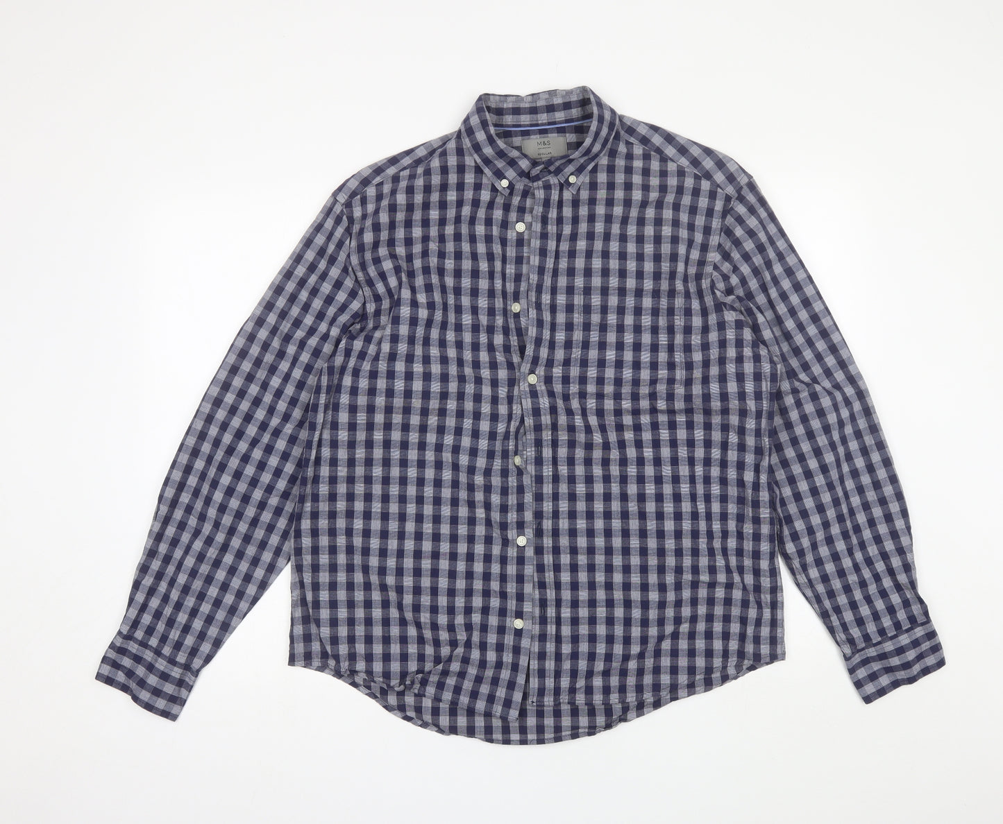 Marks and Spencer Mens Blue Plaid Cotton  Button-Up Size L Collared