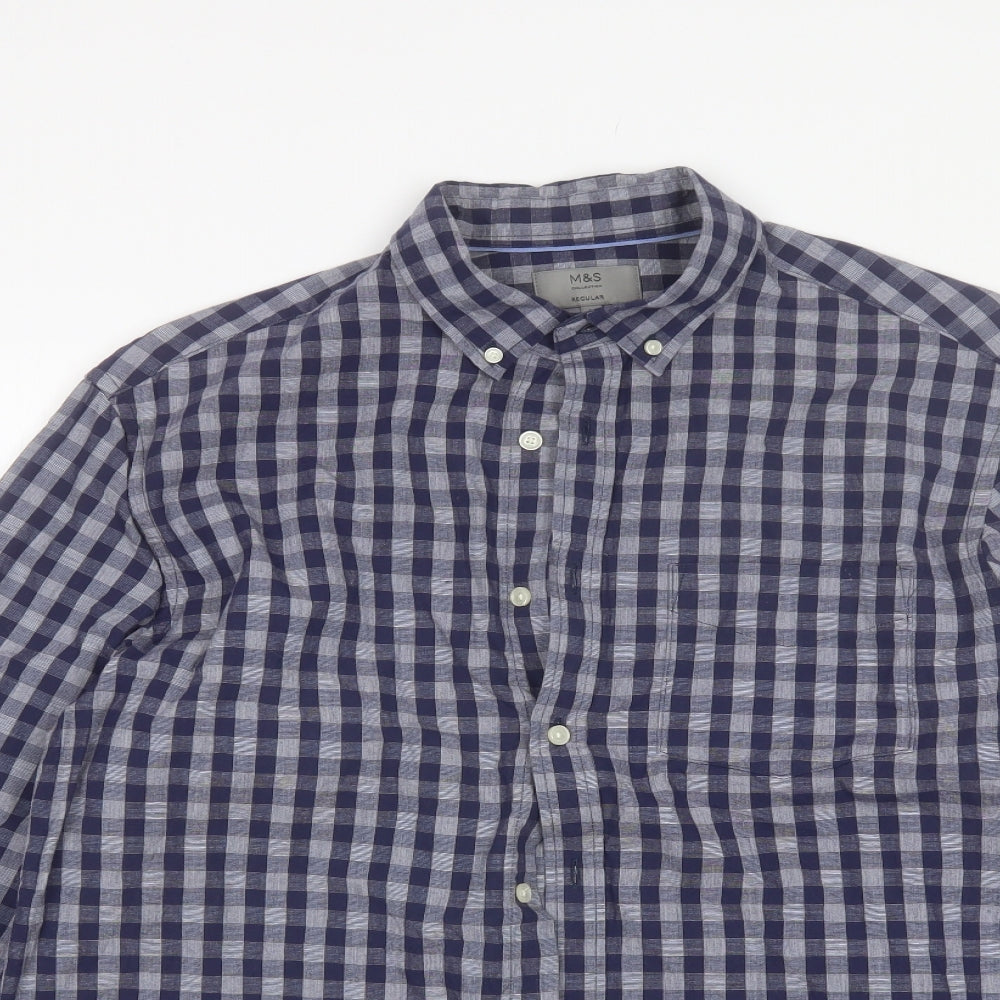 Marks and Spencer Mens Blue Plaid Cotton  Button-Up Size L Collared