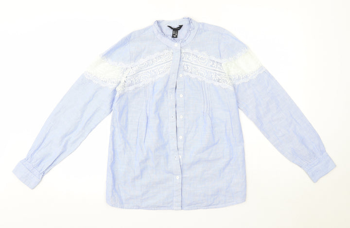 New Look Womens Blue 100% Cotton Basic Button-Up Size 6 Round Neck