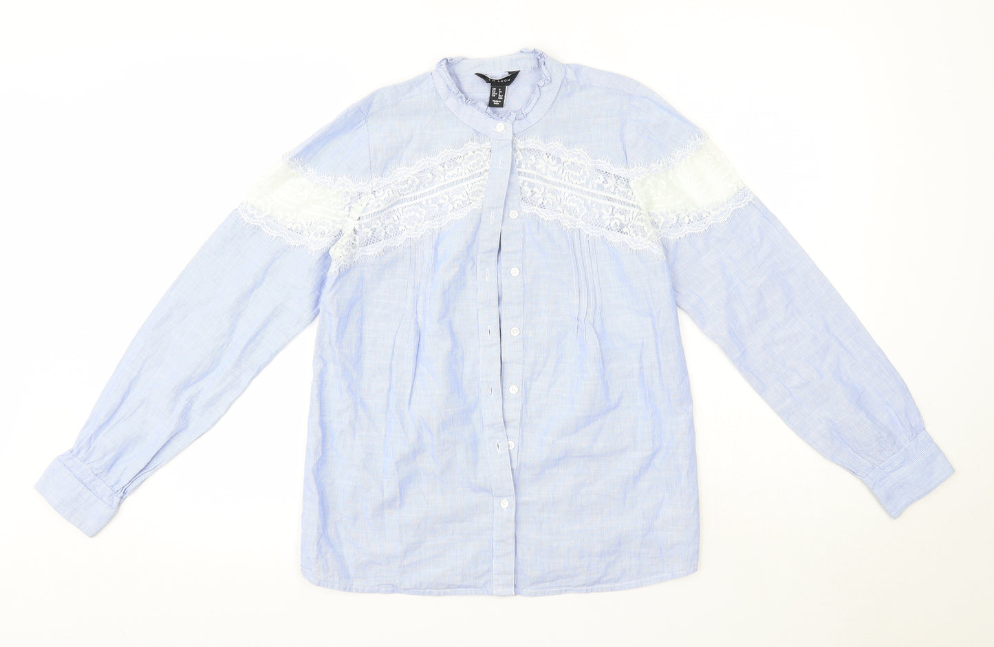 New Look Womens Blue  100% Cotton Basic Button-Up Size 6 Round Neck