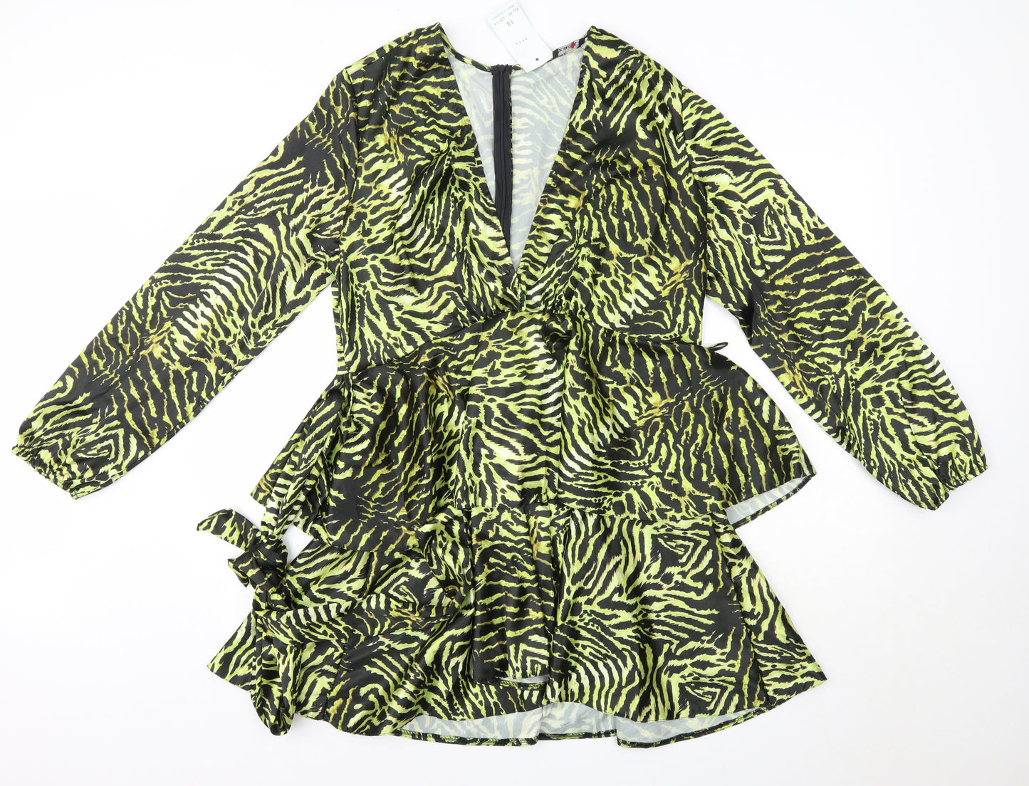 Zack Womens Green Animal Print Polyester A-Line  Size 18  V-Neck