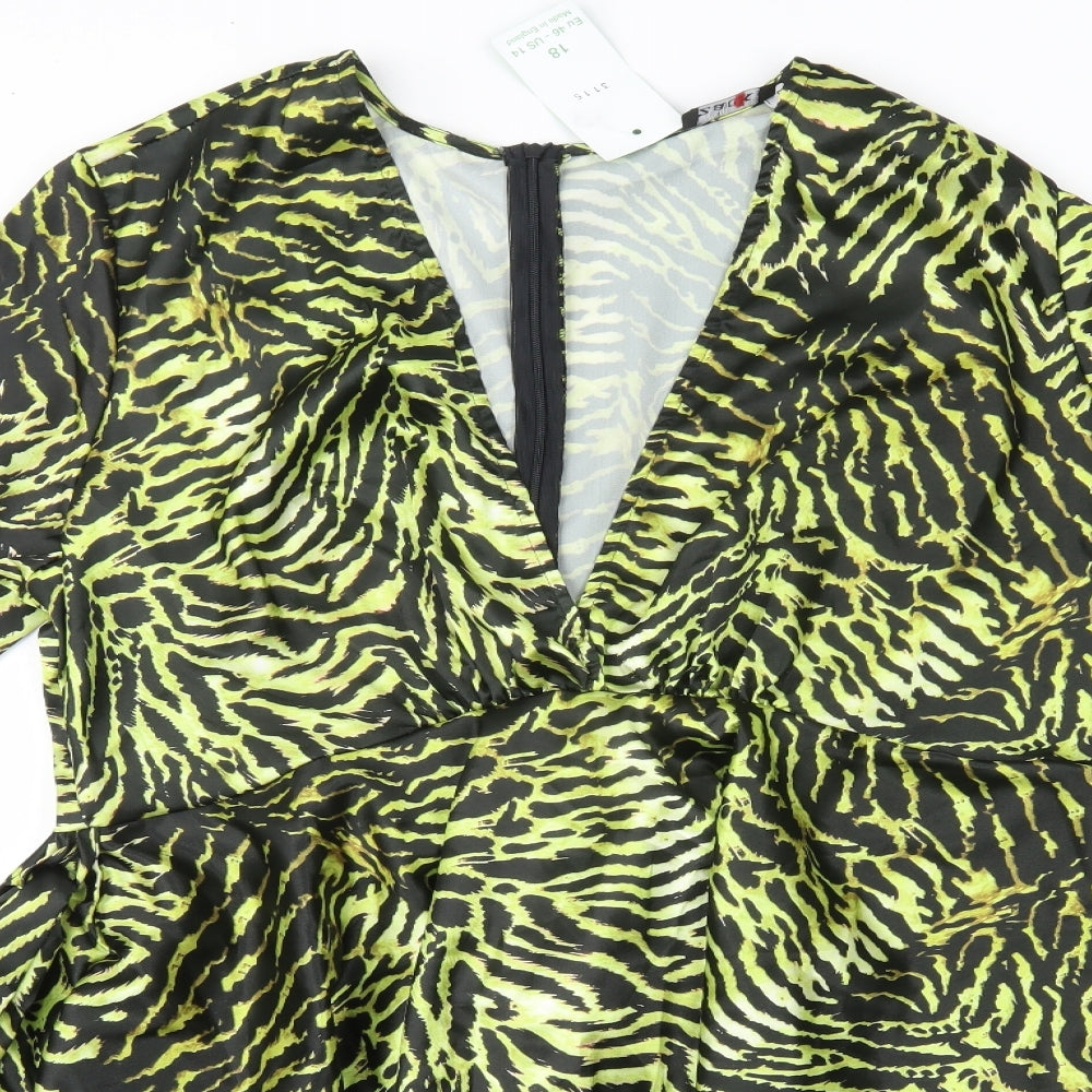 Zack Womens Green Animal Print Polyester A-Line  Size 18  V-Neck