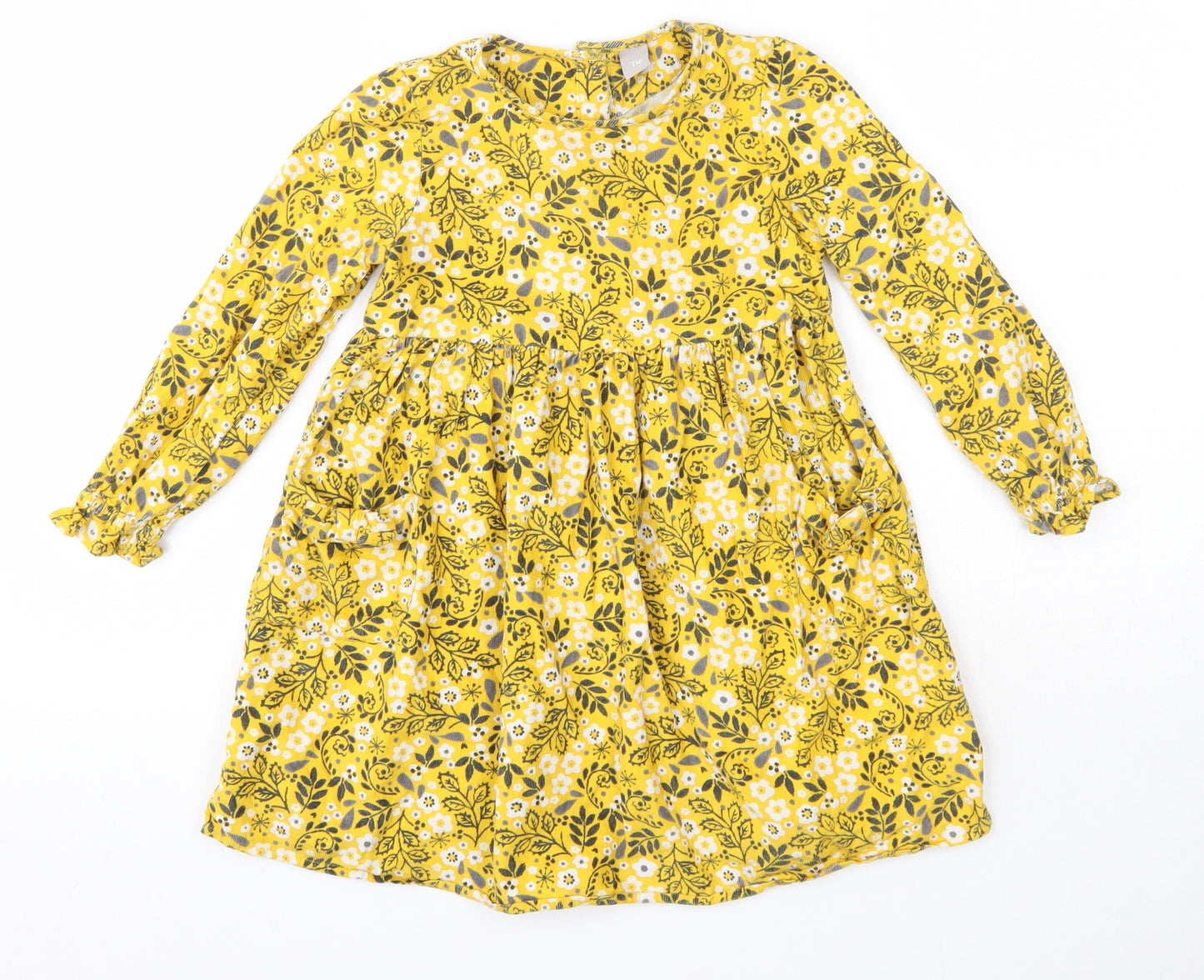 TU Girls Yellow Floral 100% Cotton A-Line  Size 4-5 Years  Round Neck