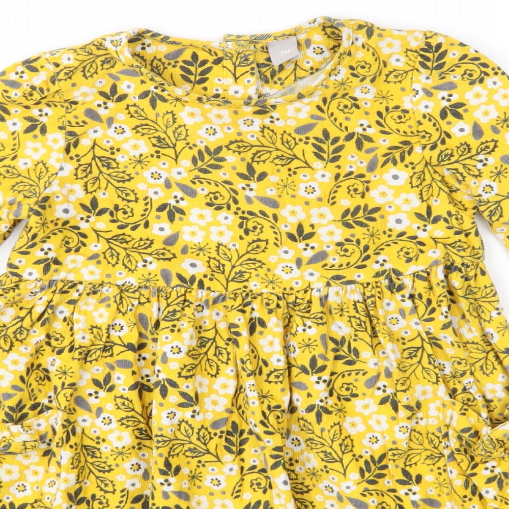 TU Girls Yellow Floral 100% Cotton A-Line  Size 4-5 Years  Round Neck