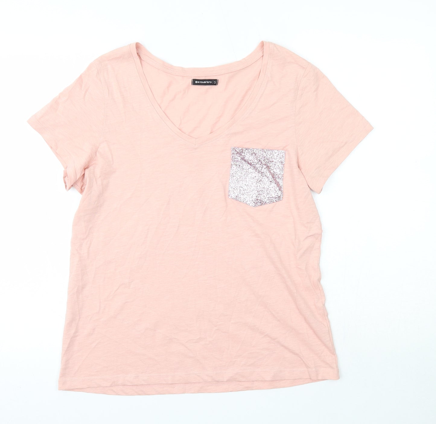 encuentro Womens Pink  Polyester Basic T-Shirt Size S V-Neck