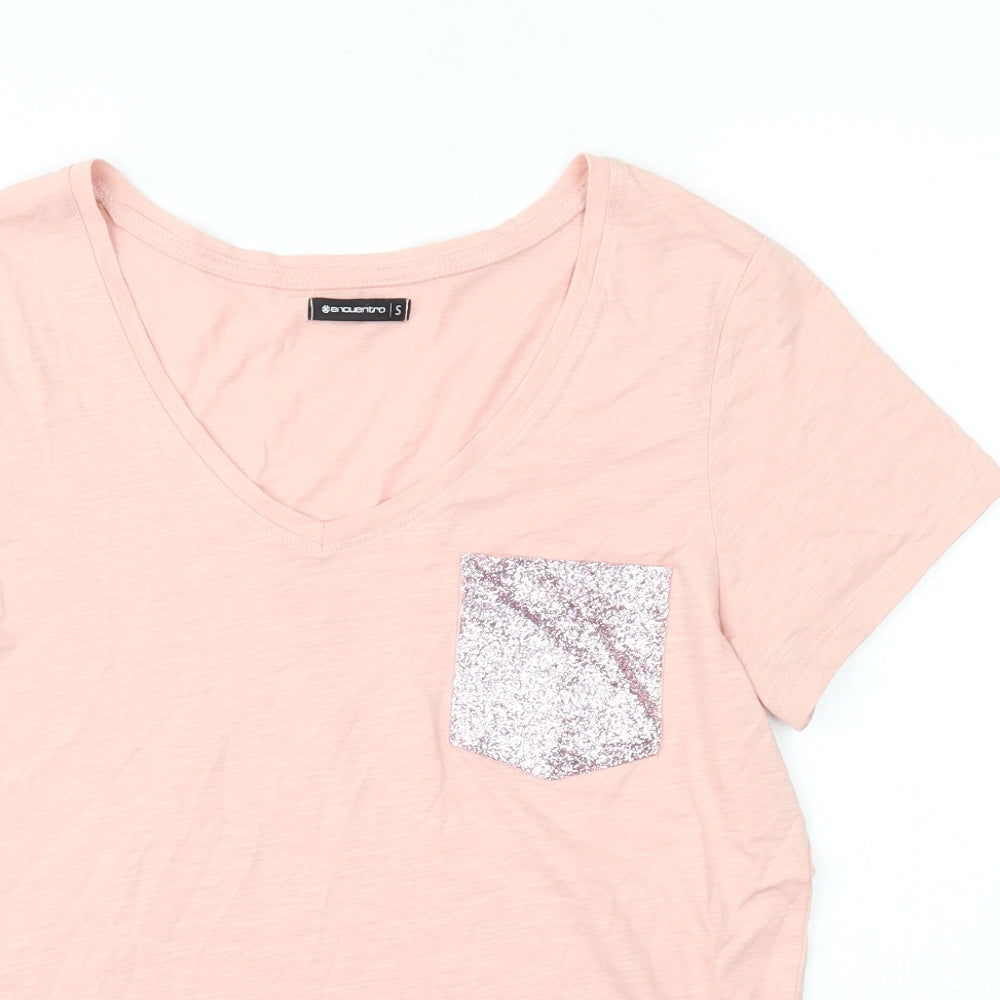 encuentro Womens Pink  Polyester Basic T-Shirt Size S V-Neck