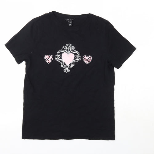 New Look Womens Black  Coir Basic T-Shirt Size 8 Round Neck - Love Hearts