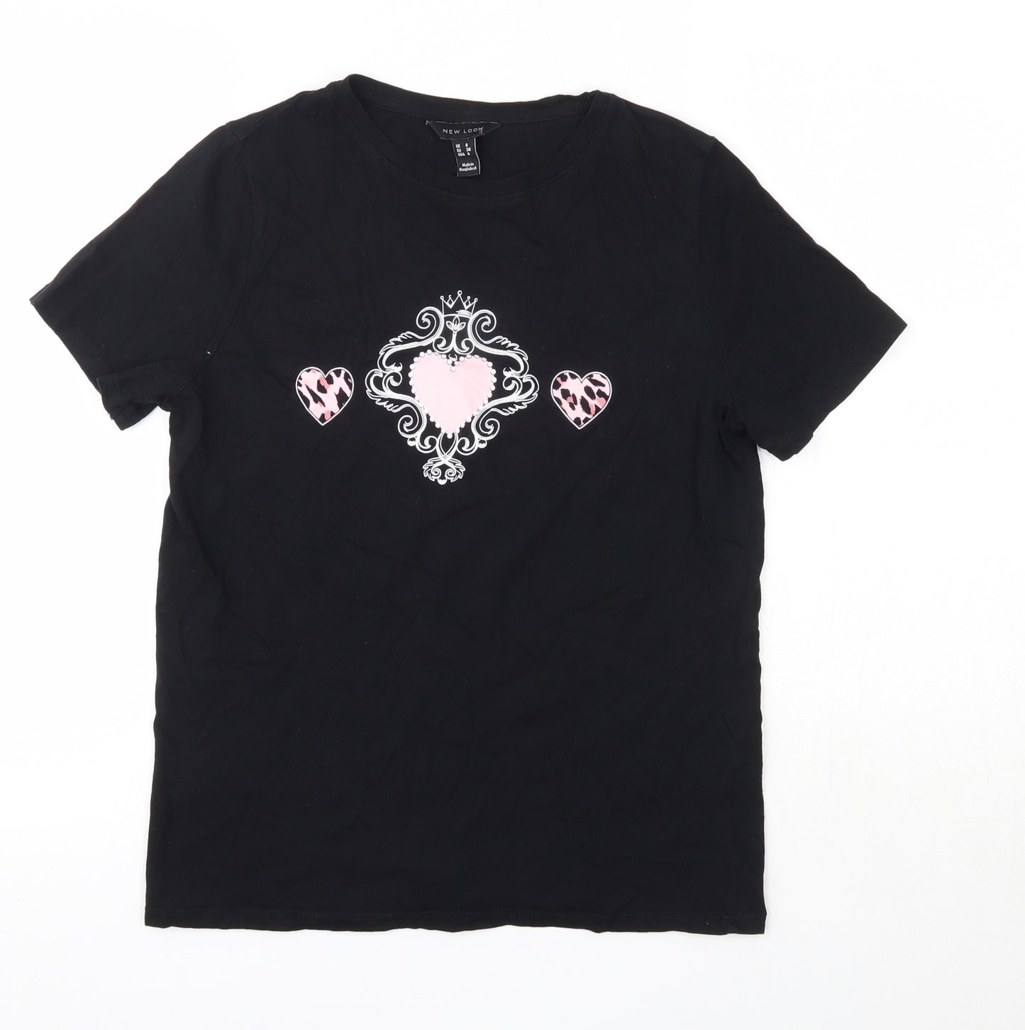 New Look Womens Black  Coir Basic T-Shirt Size 8 Round Neck - Love Hearts