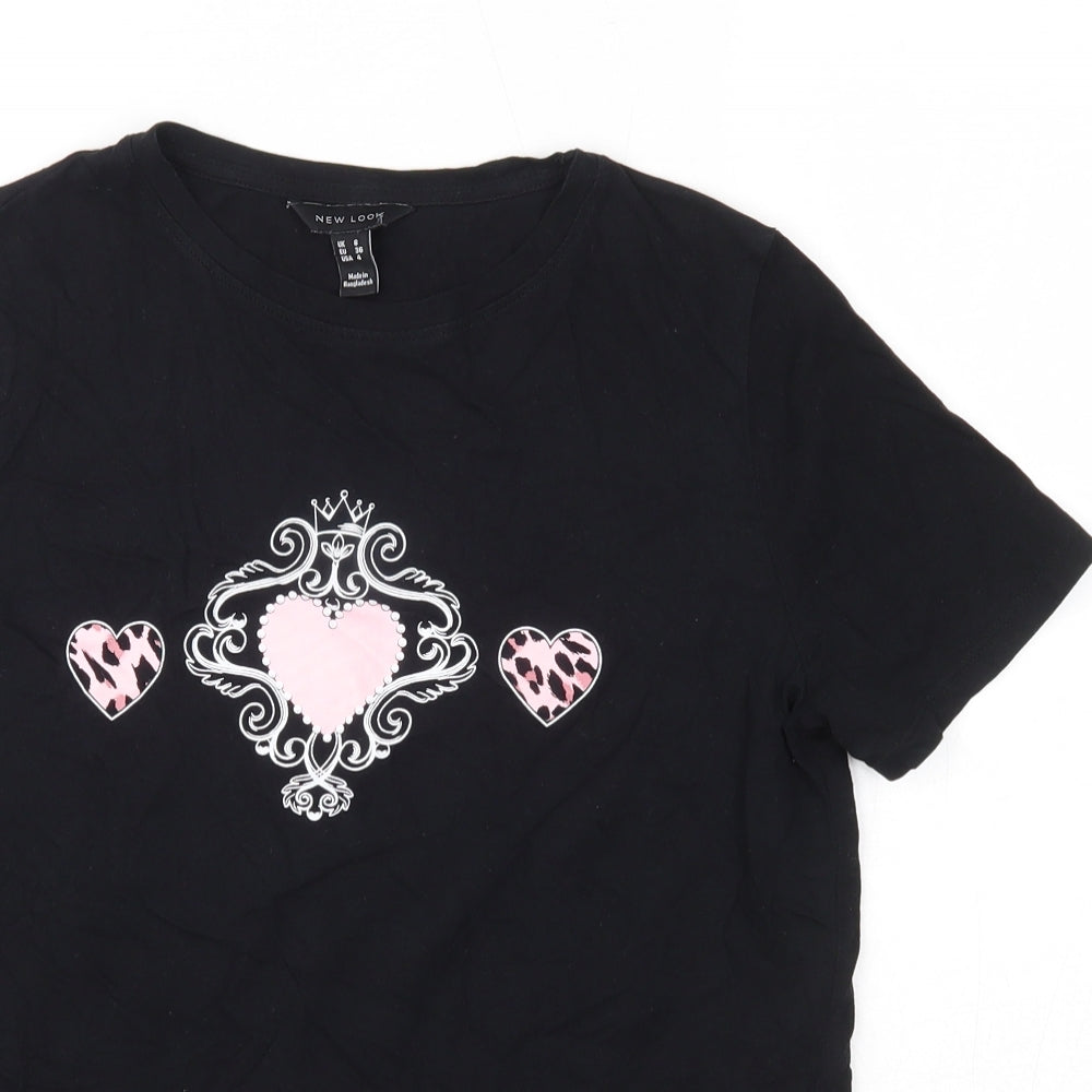 New Look Womens Black  Coir Basic T-Shirt Size 8 Round Neck - Love Hearts