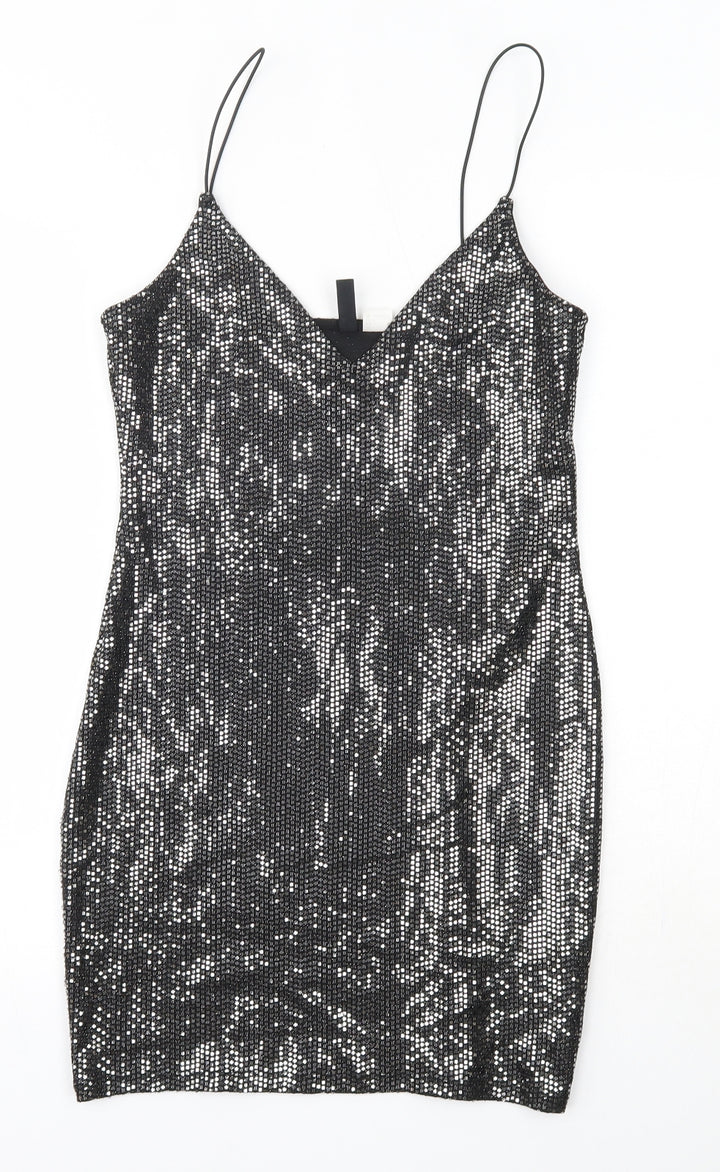 H&M Womens Silver  Polyester Pencil Dress  Size S  V-Neck