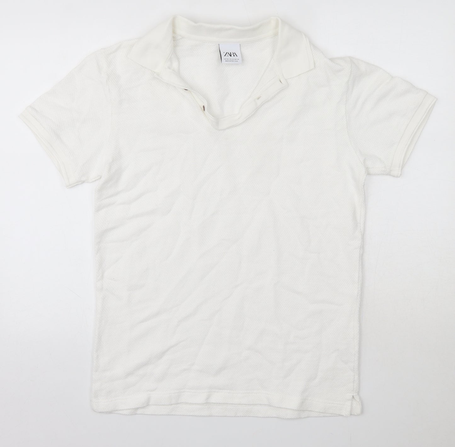 Zara Mens White  Cotton  Button-Up Size M Round Neck