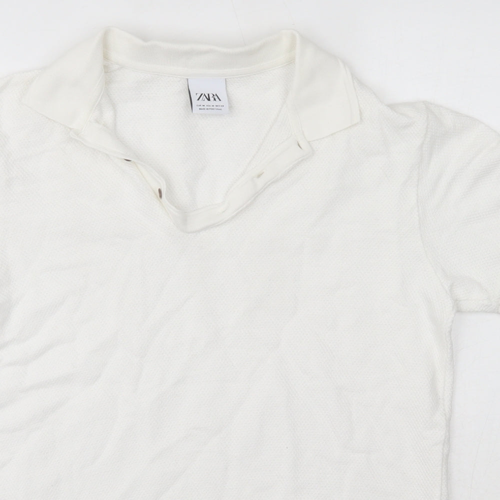 Zara Mens White  Cotton  Button-Up Size M Round Neck