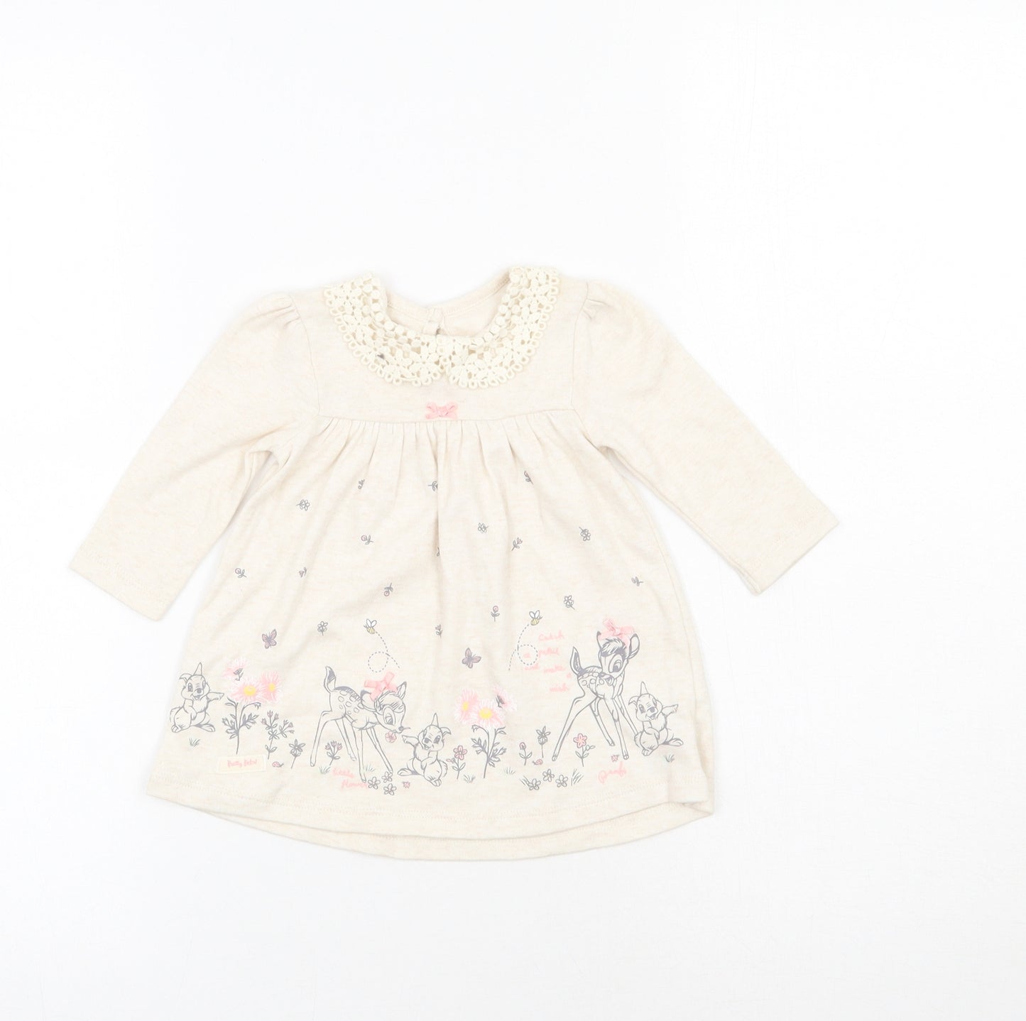 George Baby Beige Floral Cotton A-Line  Size 0-3 Months  Round Neck Button - Bambi