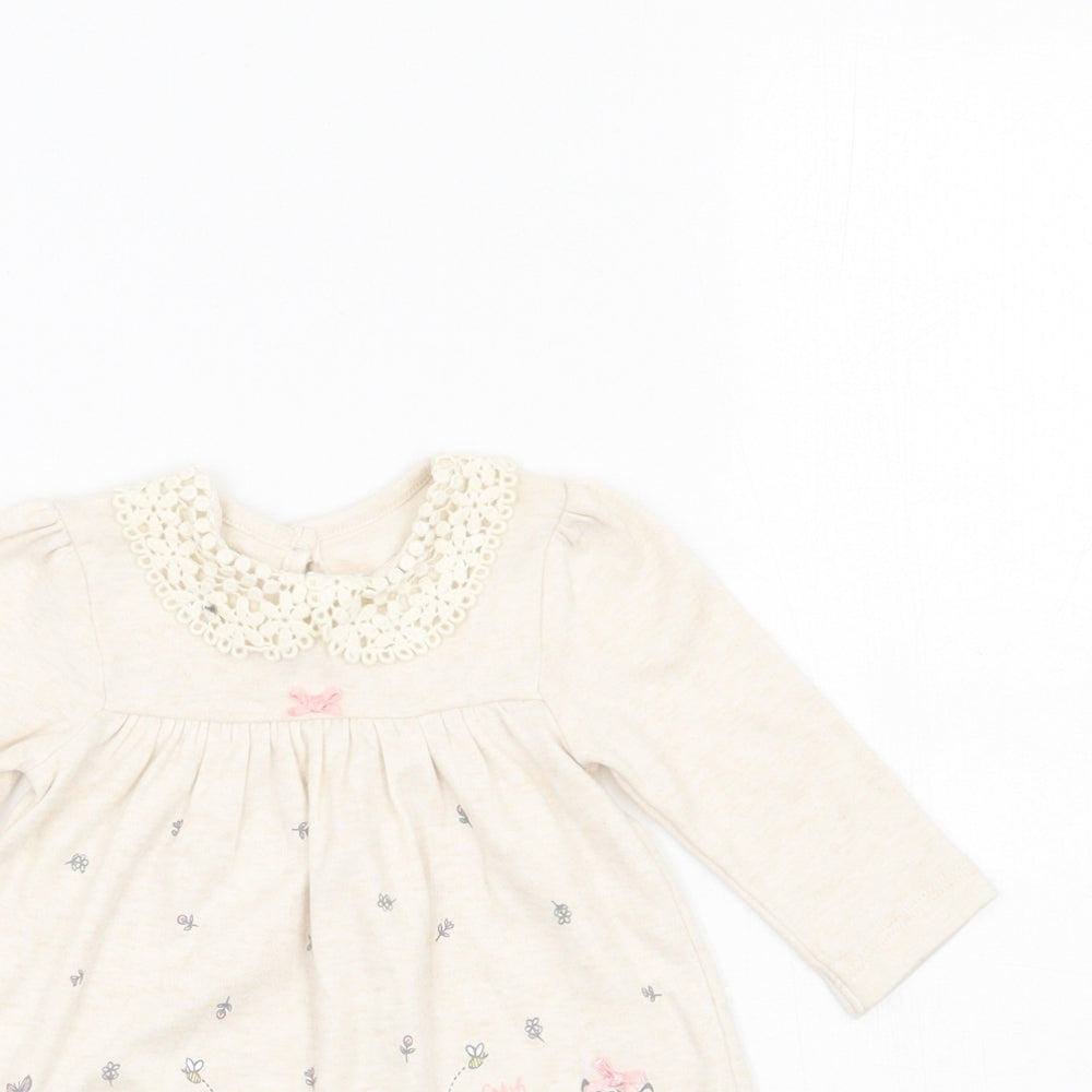 George Baby Beige Floral Cotton A-Line  Size 0-3 Months  Round Neck Button - Bambi