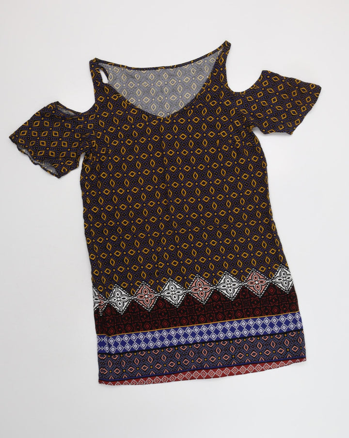 Matalan Womens Multicoloured Geometric Viscose Shift Size 10 V-Neck - Cold Shoulder