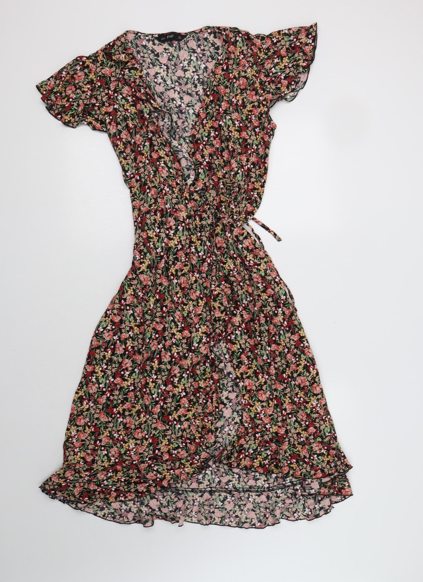 F&F Womens Multicoloured Floral Viscose Wrap Dress  Size 8  V-Neck Drawstring