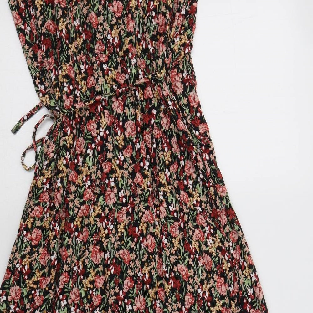 F&F Womens Multicoloured Floral Viscose Wrap Dress  Size 8  V-Neck Drawstring