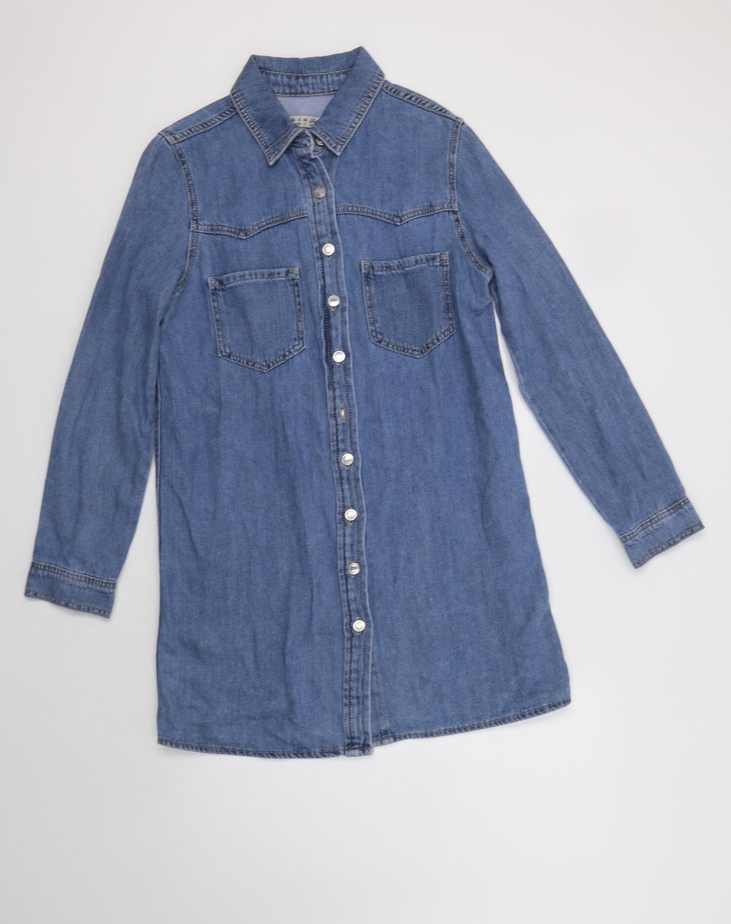Primark Womens Blue  Cotton Shirt Dress  Size 8  Collared Button