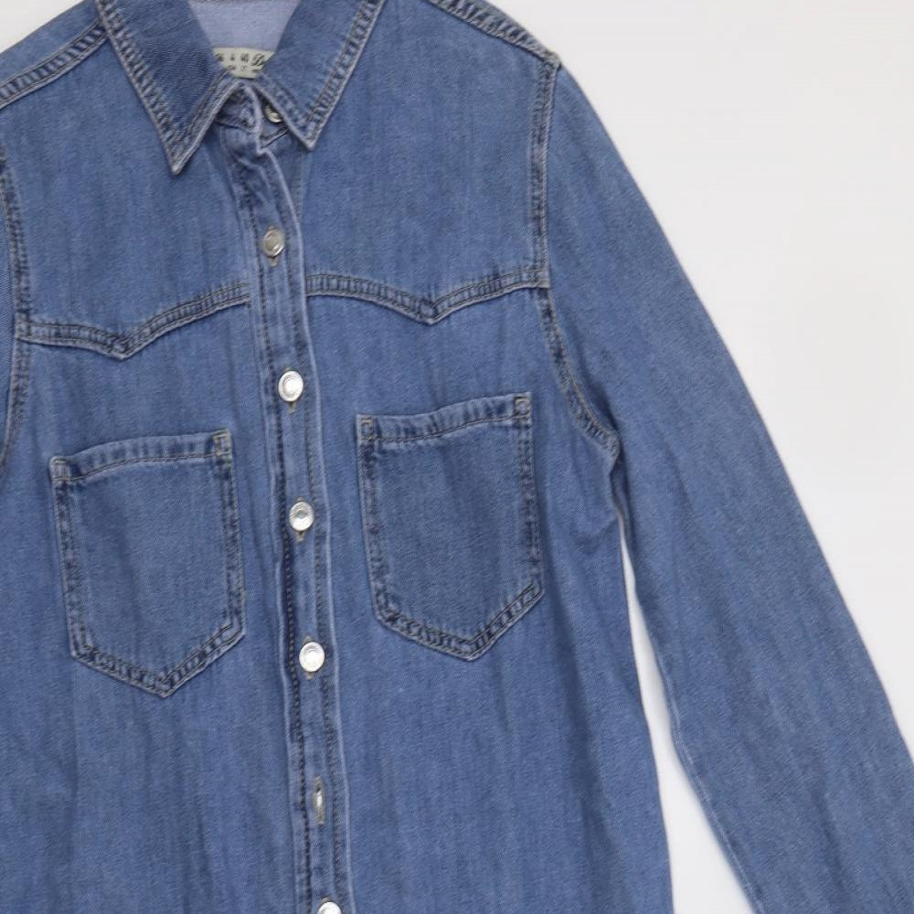 Primark Womens Blue  Cotton Shirt Dress  Size 8  Collared Button