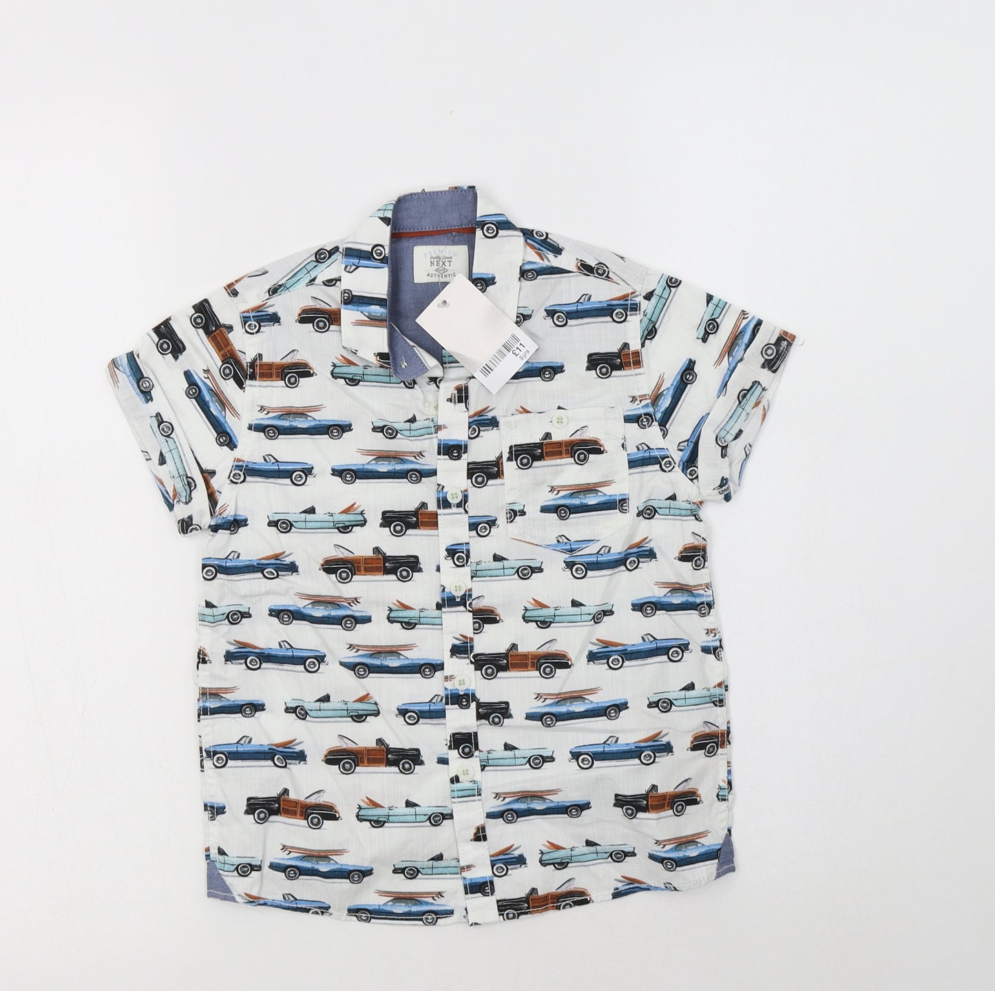 NEXT Boys White Geometric Cotton Basic Button-Up Size 5 Years Collared Button - Car Print