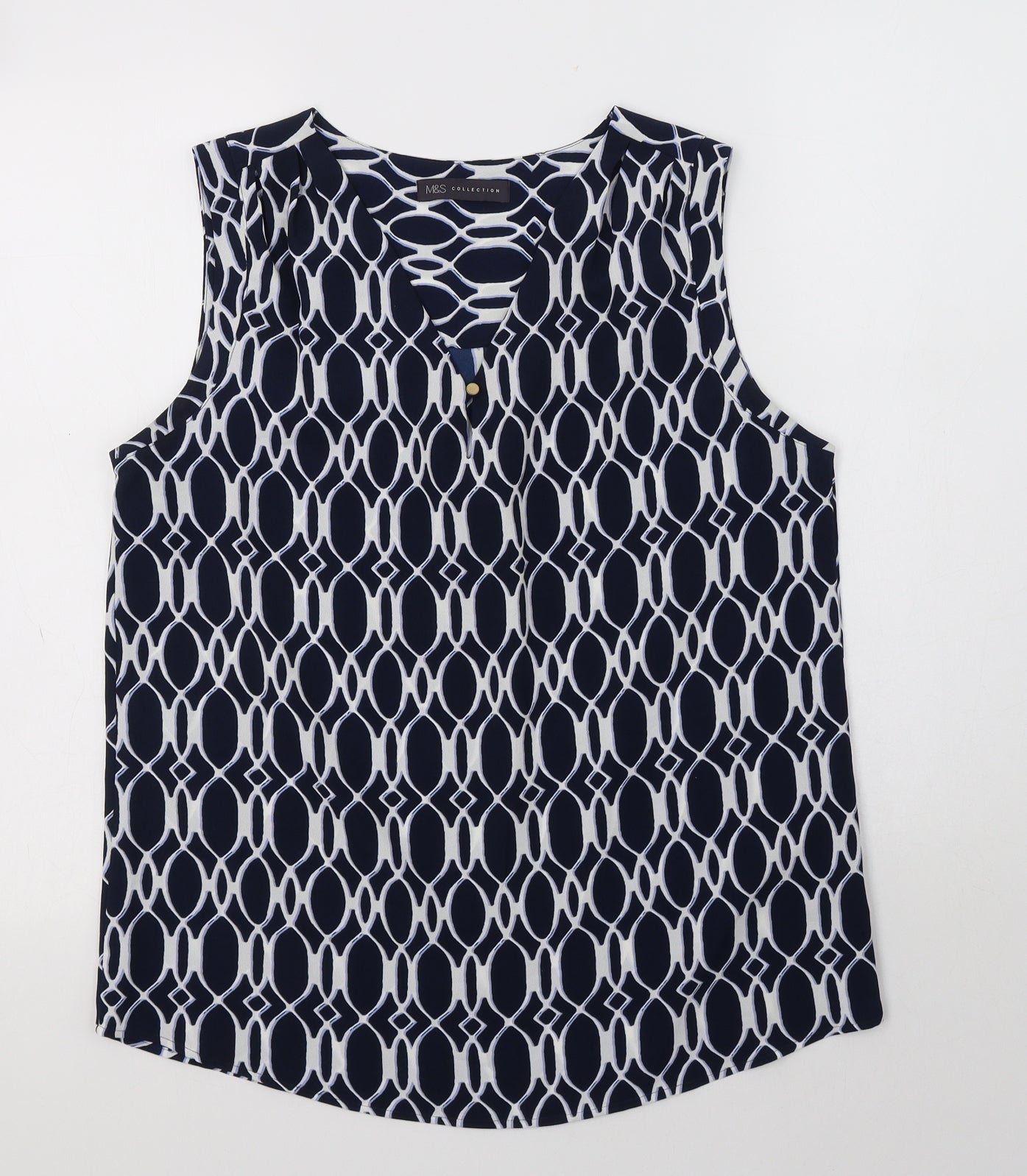 M&S Womens Blue Geometric Polyester Basic Blouse Size 10 V-Neck