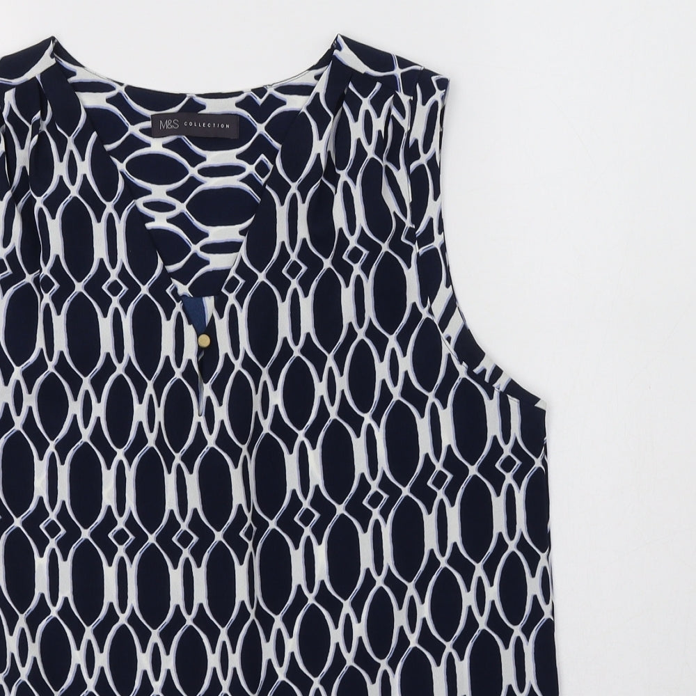 M&S Womens Blue Geometric Polyester Basic Blouse Size 10 V-Neck