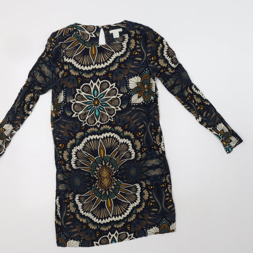 H&M Womens Multicoloured Floral Viscose Shift  Size 6  Round Neck Button