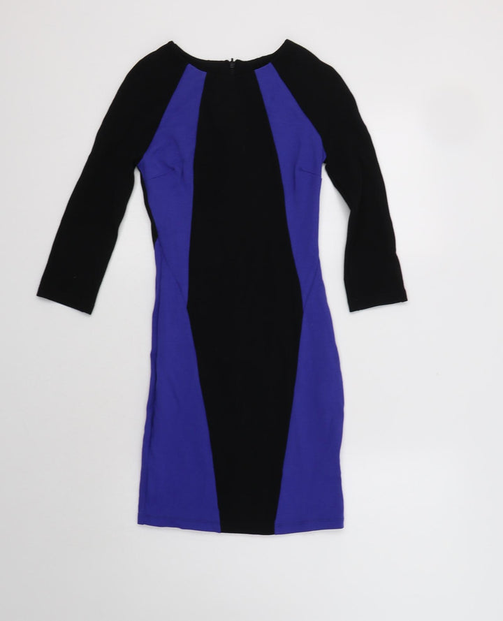 New Look Womens Black Colourblock Viscose Bodycon Size 6 Round Neck Zip