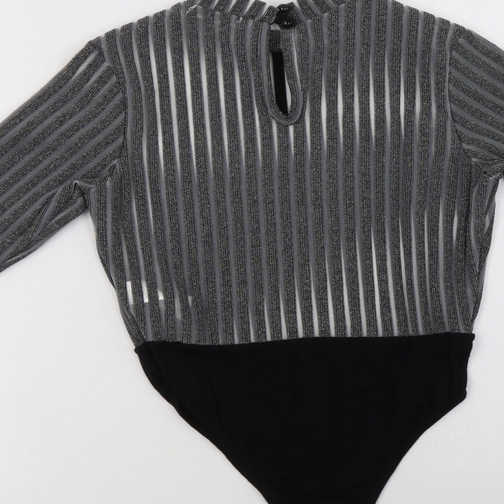Boohoo Womens Grey Striped Polyester Bodysuit One-Piece Size 6  Button