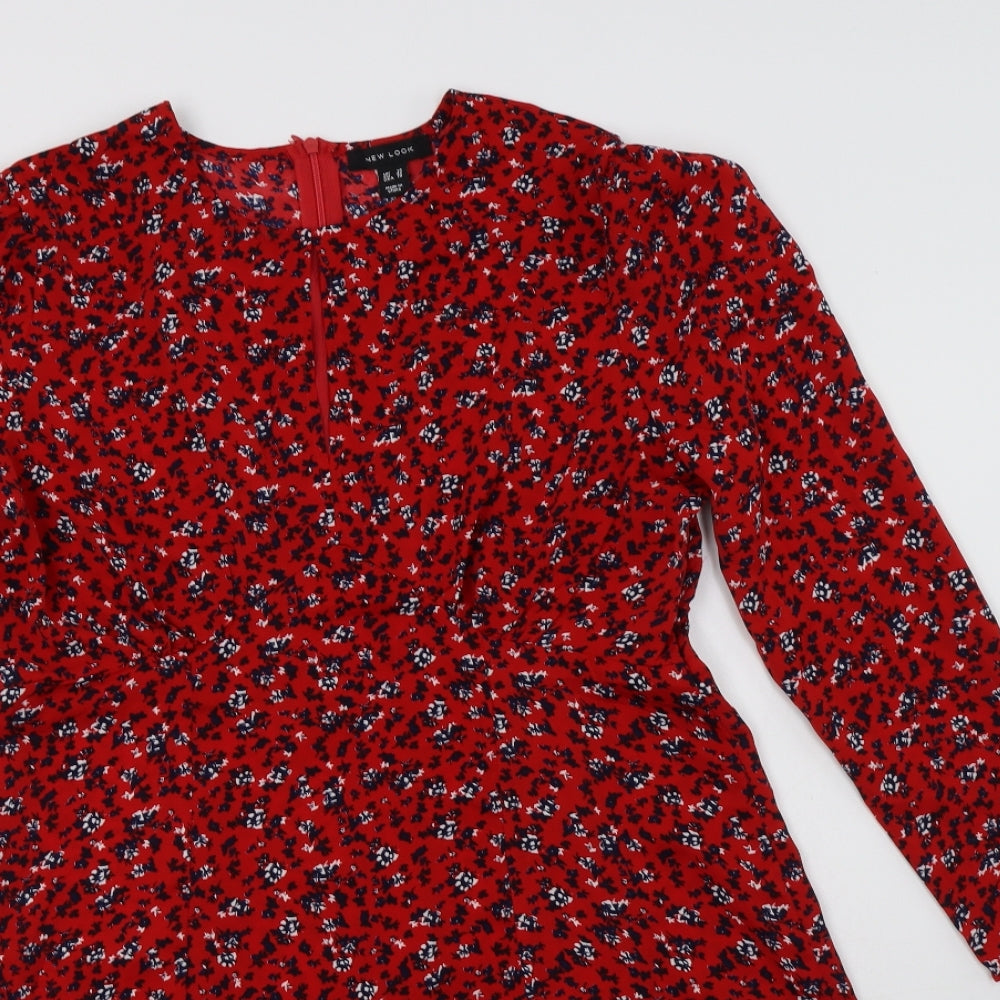 New Look Womens Red Floral Polyester A-Line  Size 14  Round Neck Zip